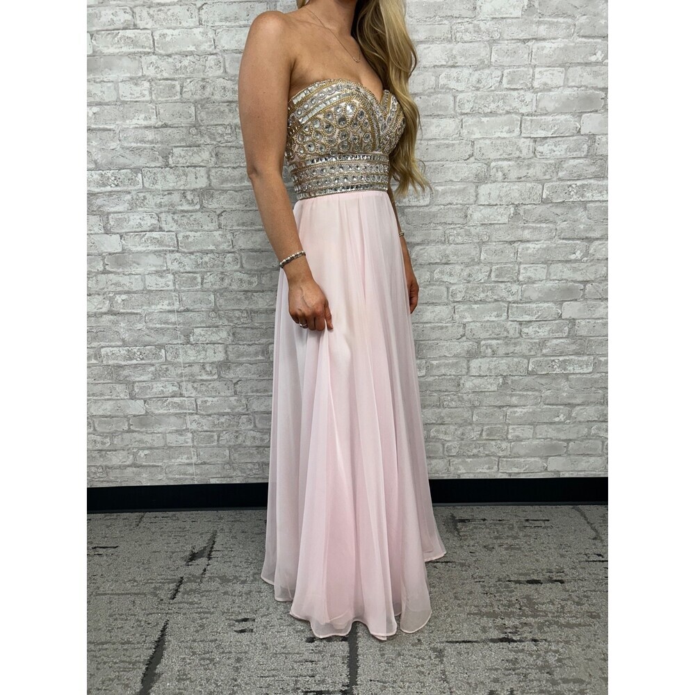 Madison James Pink Chiffon Gown Dress Gold Silver Rhinestone Prom Pageant Sz 6